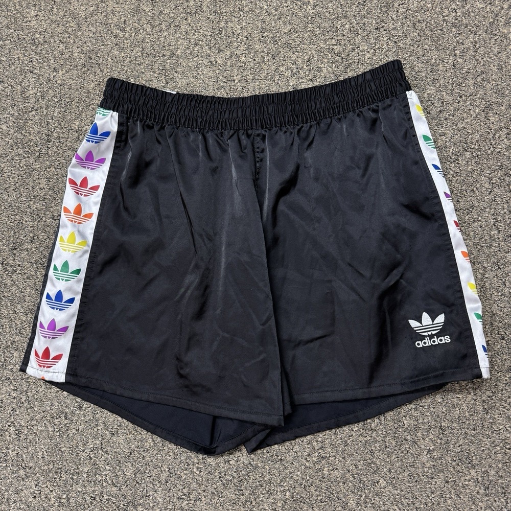 Adidas Love Unites Shorts Size M Satin Elastic Waist Black Rainbow 4" Inseam